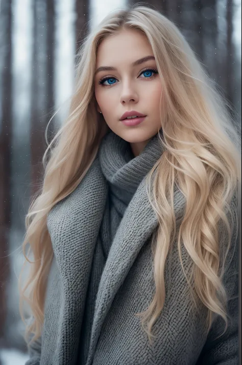 Professional portrait photo of gorgeous Norwegian girl in winter clothes with long wavy blonde hair, gorgeous symmetrical face, ...
