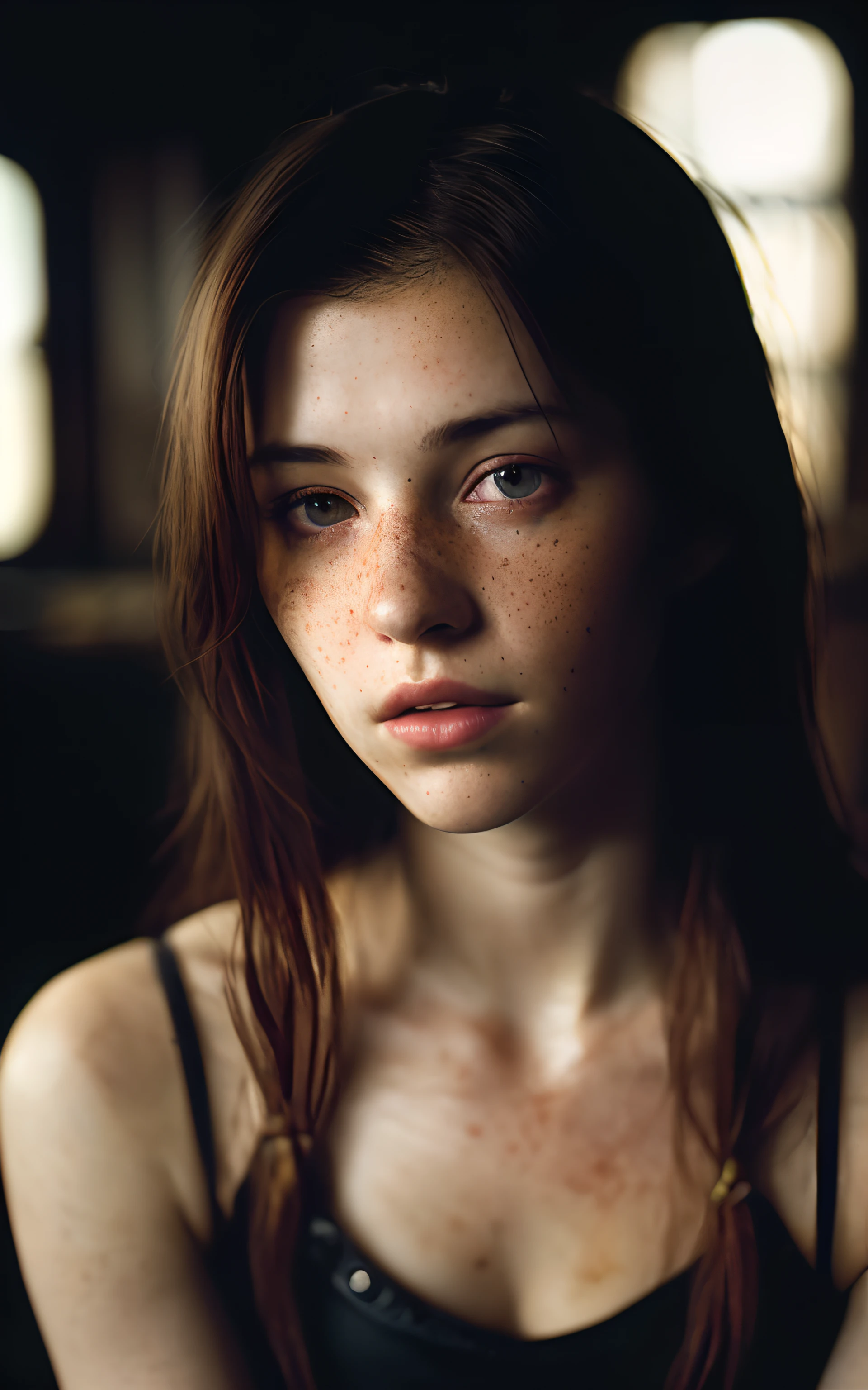 (Upper shot, editorial photograph of a 20 year old Tifa Lockhart), (highly detailed face:1.4) (smile:0.7) (background inside dark, moody, private study:1.3), steampunk pirate's airship, by lee jeffries, nikon d850, film stock photography, 4 kodak portra 400 ,camera f1.6 lens, rich colors, hyper realistic, lifelike texture, dramatic lighting, cinestill 800, messy hair, serious, (freckles:].4), pale skin, cute sexy