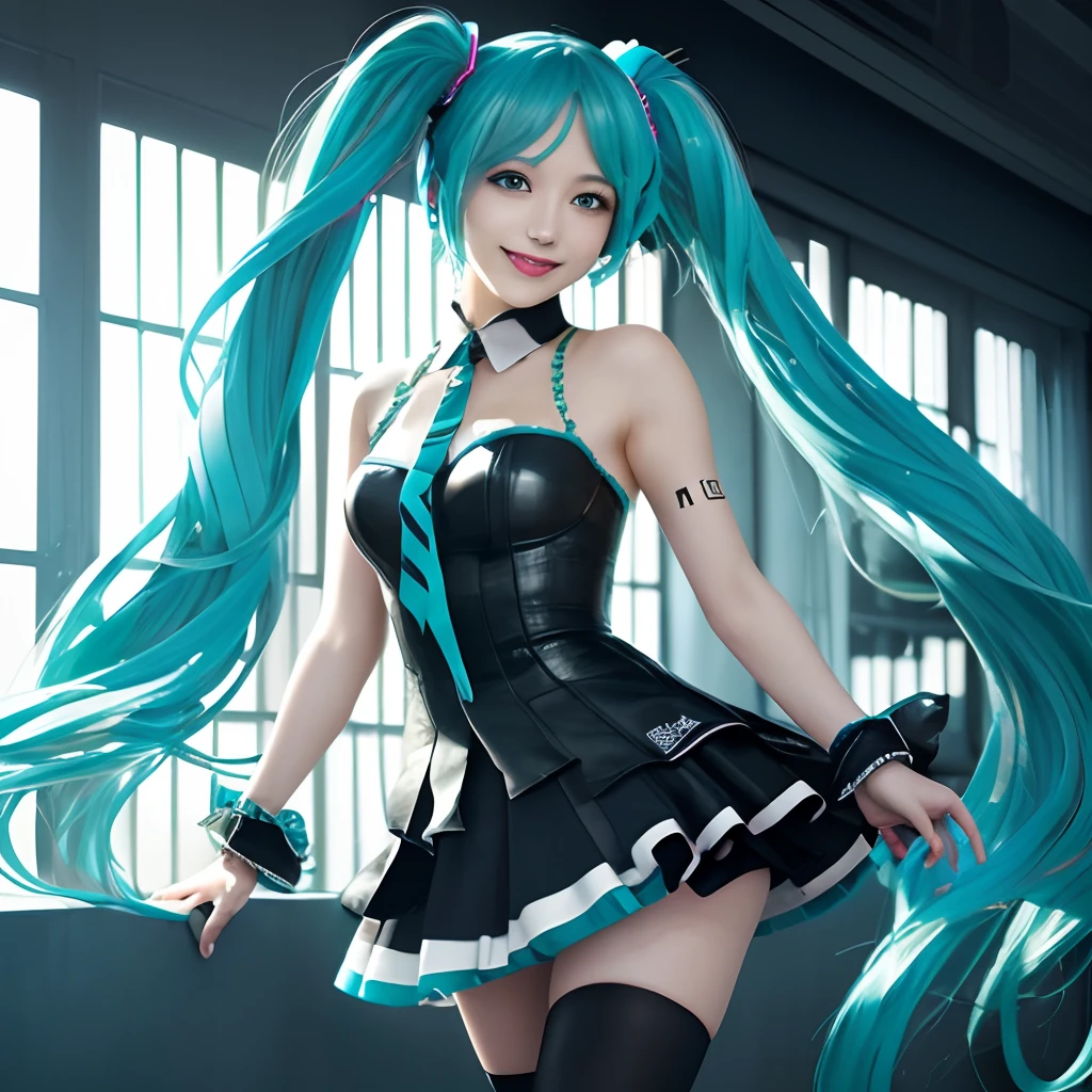 (One lady)、(masterpiece)、(best qualtiy)、(ultra - detailed)、(a high chroma), vocaloid、((miku hatsune))、(Fine and beautiful eyes)、Delicate beautiful face, (Black stockings), smiling, dancing