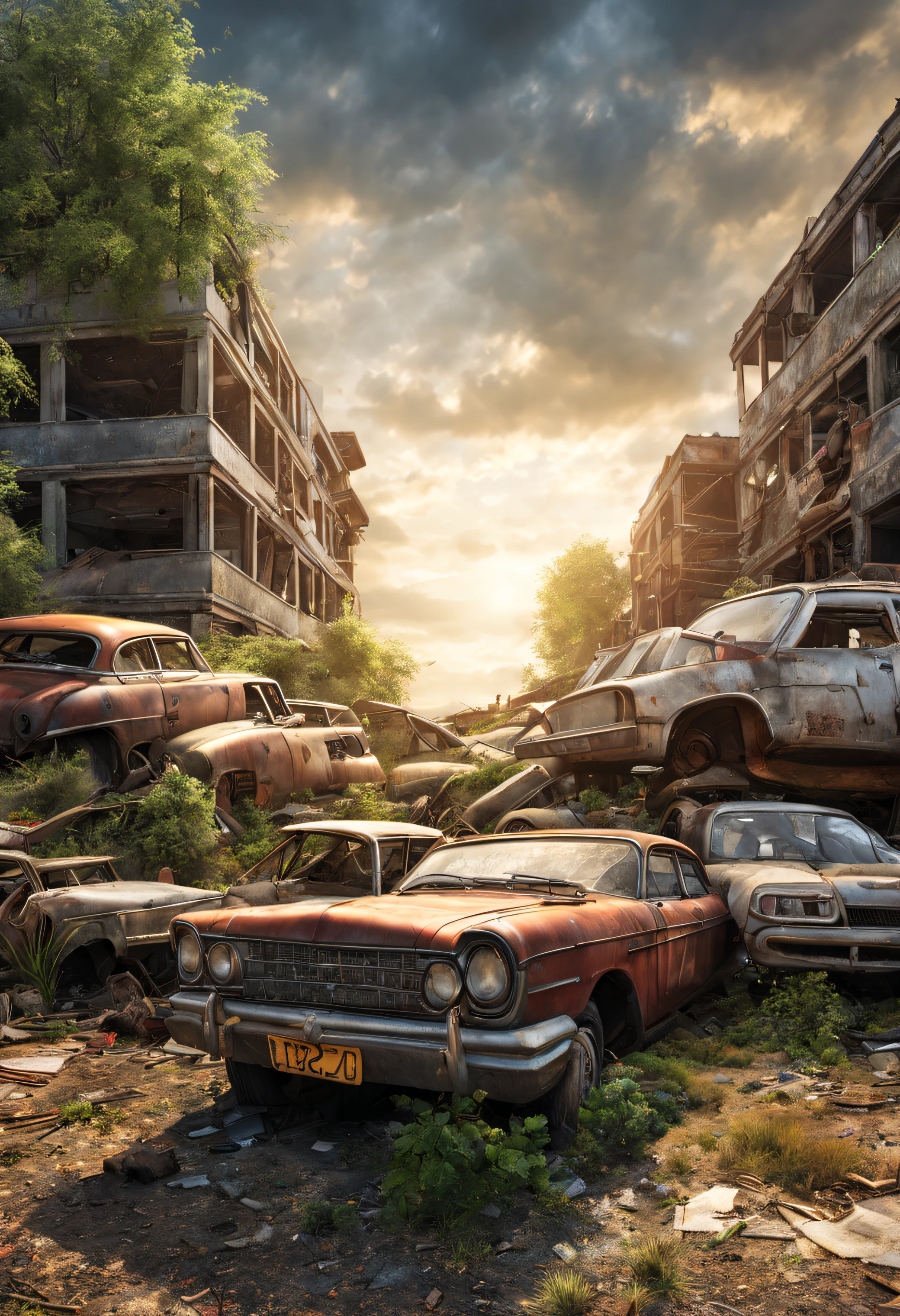 (best quality, HDR, ultra-detailed, realistic:1.37), post-apocalyptic, 3D abandoned city, destroyed buildings, plane crashed, car graveyard, abandoned cars, vegetation next to buildings, abandoned vehicles strewn and stacked