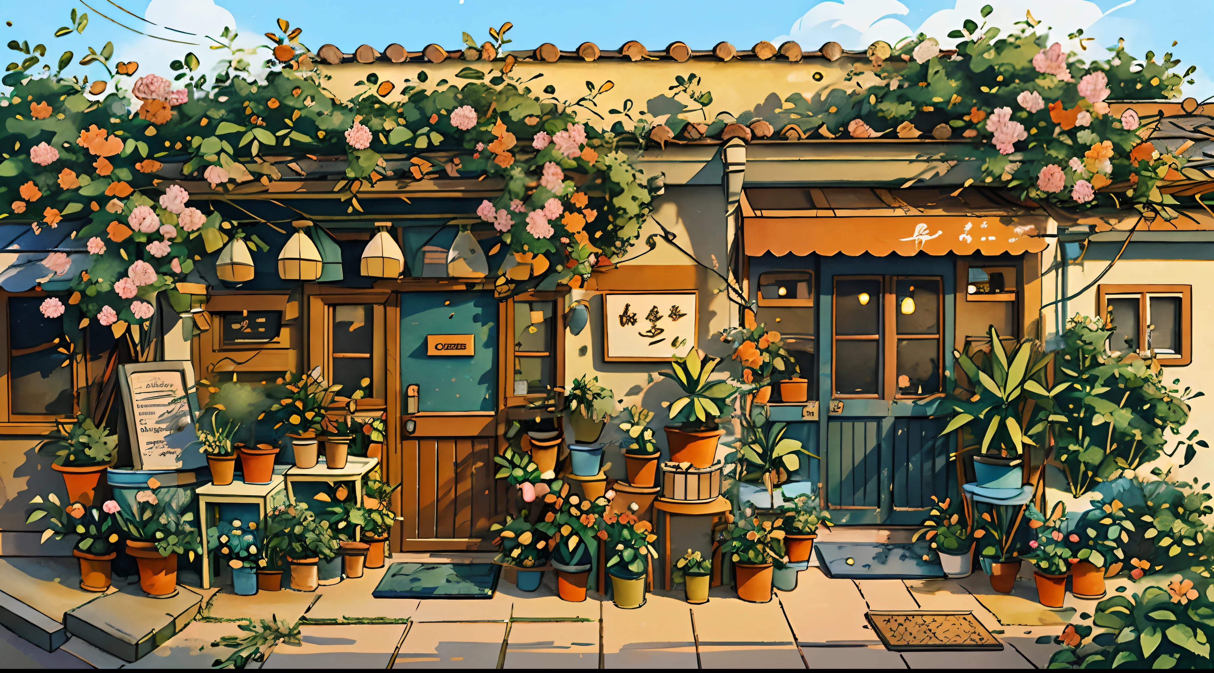 JZCG021,Flower shop,Coffee spots,gauges,a chair,No one,janelas,Flowers,a plant,Plants in pots,aquarelle (mediating),Landscapes,doors,air conditioner,picure (mediating),Traditional media,casa,Outdoors,terrazzo,architecture,Masterpiece,Best quality,High quality,a plant,, Masterpiece,Best quality,High quality,