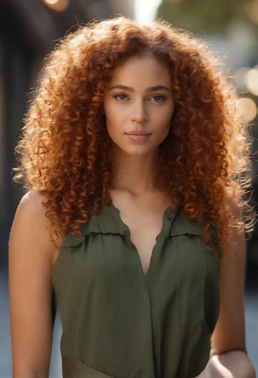 "Ultra-realistic image of a beautiful 18-year-old Afro-Latin girl,Caramel peel, corps parfait, Prendre un selfie dans son bureau avec son iPhone 14, maigre, taille ultra-fine, cheveux rouge, Curly and curly hair karibean , piercing green eyes.hyper-realistic，anatomie correcte，Facial features are carefully represented，Boucles gratuites, curly red hair, (cour, curly red hair), Long curly wild red hair, cheveux multiversaux, cour, curly red hair, curly red hair, Boucles, wavy hair spread out, Boucles baroques, Boucles, Curly,Texture des cheveux, Curly bang