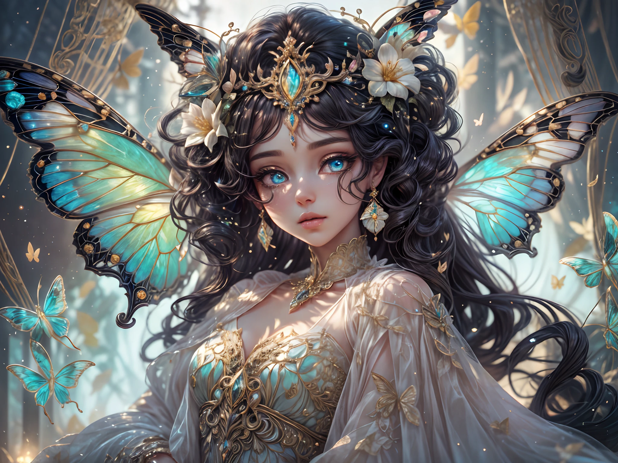 This is、It's a masterpiece of realistic fantasy with lots of sparkles, Glitter, and intricate ornate details. Produces one  woman with a beautiful delicate crown sitting on a garden swing at night. She is a beautiful and seductive butterfly queen with stunning curly black hair, (((Incredibly realistic and detailed dynamic eyes in bright colors with realistic shading))).  Her skin is translucent white, Her eyes are shining, And her dress is elegant. Her dress is spun with delicate and finest gossamer silk, Convoluted, Delicate floral details and gold silk butterfly sleeves. Her face is lovely and . Include flowers that glow in the dark, Lots of particles, Highly realistic fantasy butte fly with translucent gem-colored wings and fine details, And shine. Artwork done in the style of Guviz、Trending fantasy titles from Artstation and Midjourney、Reminds of the masters of this genre. camera: Using dynamic composition techniques、Emphasizes ethereal delicacy and delicate details.