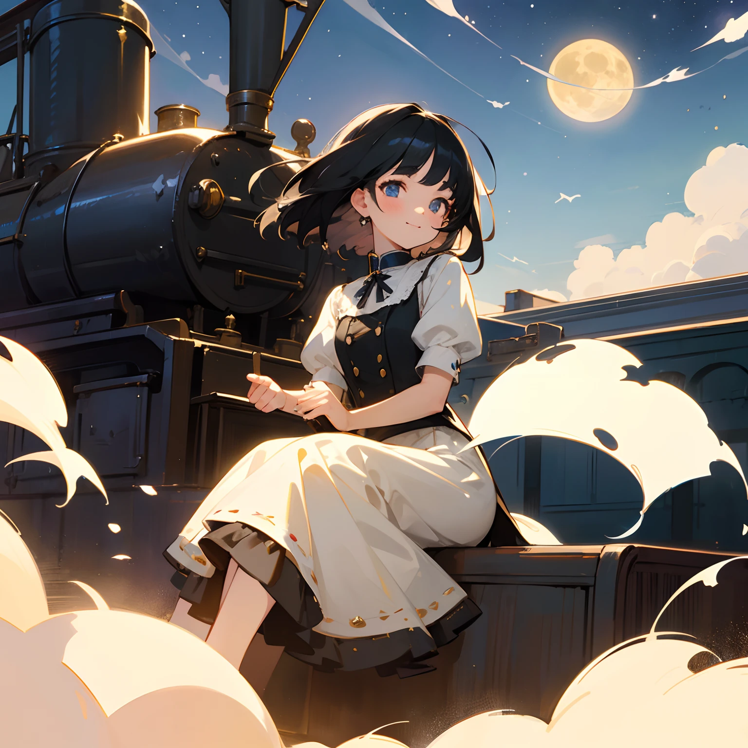 Anime girl sitting on a train with a full moon in the background - SeaArt AI