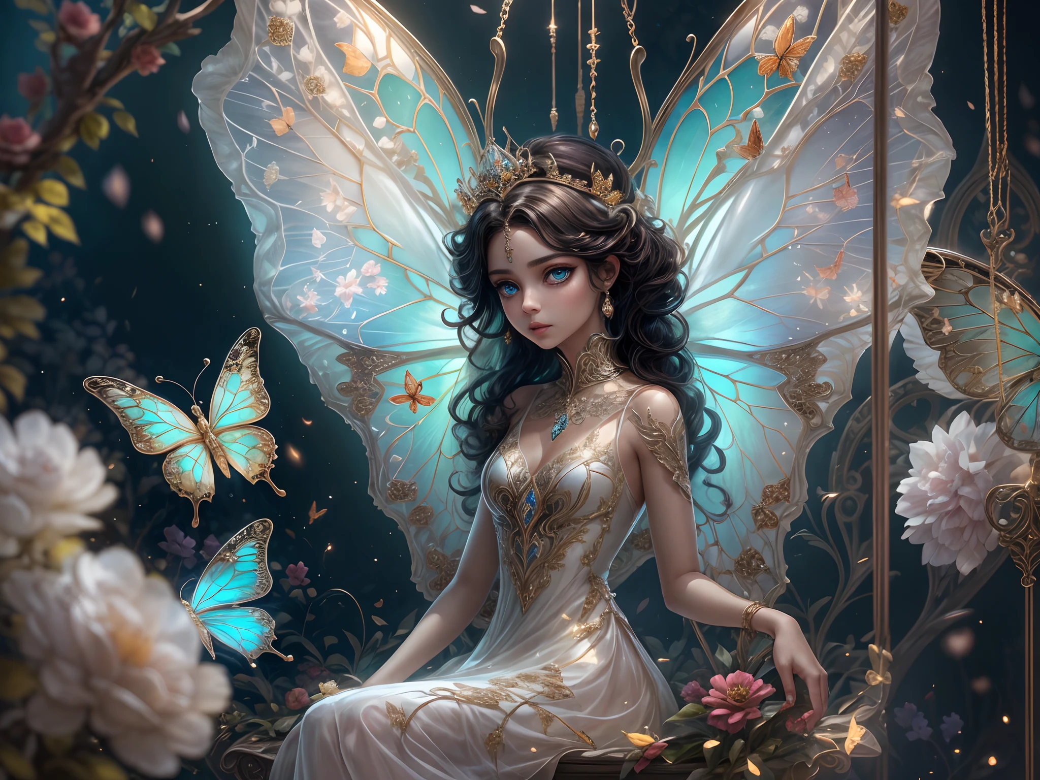 This is、It's a masterpiece of realistic fantasy with lots of sparkles, Glitter, and intricate ornate details. Produces one  woman with a beautiful delicate crown sitting on a garden swing at night. She is a beautiful and seductive butterfly queen with stunning curly black hair, (((Incredibly realistic and detailed dynamic eyes in bright colors with realistic shading))).  Her skin is translucent white, Her eyes are shining, And her dress is elegant. Her dress is spun with delicate and finest gossamer silk, Convoluted, Delicate floral details and gold silk butterfly sleeves. Her face is lovely and . Include flowers that glow in the dark, Lots of particles, Highly realistic fantasy butte fly with translucent gem-colored wings and fine details, And shine. Artwork done in the style of Guviz、Trending fantasy titles from Artstation and Midjourney、Reminds of the masters of this genre. camera: Using dynamic composition techniques、Emphasizes ethereal delicacy and delicate details.