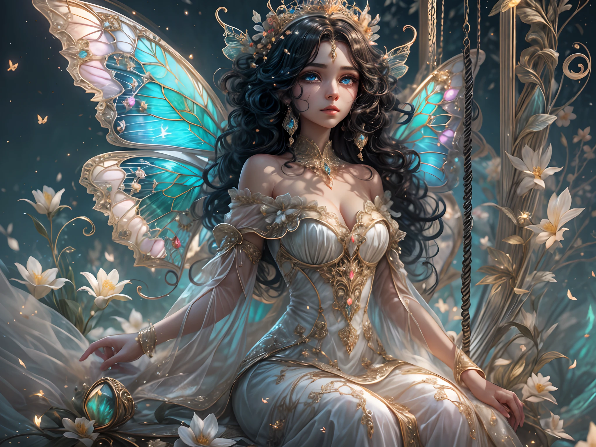 This is、It's a masterpiece of realistic fantasy with lots of sparkles, Glitter, and intricate ornate details. Produces one petite woman with a beautiful delicate crown sitting on a garden swing at night. She is a beautiful and seductive butterfly queen with stunning curly black hair, (((Incredibly realistic and detailed dynamic eyes in bright colors with realistic shading))).  Her skin is translucent white, Her eyes are shining, And her dress is elegant. Her dress is spun with delicate and finest gossamer silk, Convoluted, Delicate floral details and gold silk butterfly sleeves. Her face is lovely and lonely. Include flowers that glow in the dark, Lots of particles, Highly realistic fantasy butte fly with translucent gem-colored wings and fine details, And shine. Artwork done in the style of Guviz、Trending fantasy titles from Artstation and Midjourney、Reminds of the masters of this genre. camera: Using dynamic composition techniques、Emphasizes ethereal delicacy and delicate details.