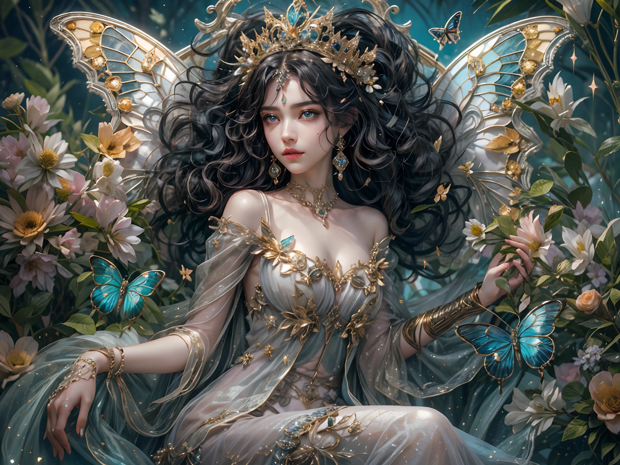 This is、It's a masterpiece of realistic fantasy with lots of sparkles, Glitter, and intricate ornate details. Produces one  woman with a beautiful delicate crown sitting on a garden swing at night. She is a beautiful and seductive butterfly queen with stunning curly black hair, (((Incredibly realistic and detailed dynamic eyes in bright colors with realistic shading))).  Her skin is translucent white, Her eyes are shining, And her dress is elegant. Her dress is spun with delicate and finest gossamer silk, Convoluted, Delicate floral details and gold silk butterfly sleeves. Her face is lovely and . Include flowers that glow in the dark, Lots of particles, Highly realistic fantasy butte fly with translucent gem-colored wings and fine details, And shine. Artwork done in the style of Guviz、Trending fantasy titles from Artstation and Midjourney、Reminds of the masters of this genre. camera: Using dynamic composition techniques、Emphasizes ethereal delicacy and delicate details.