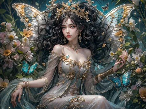 This is、It's a masterpiece of realistic fantasy with lots of sparkles, Glitter, and intricate ornate details. Produces one petite woman with a beautiful delicate crown sitting on a garden swing at night. She is a beautiful and seductive butterfly queen wit...