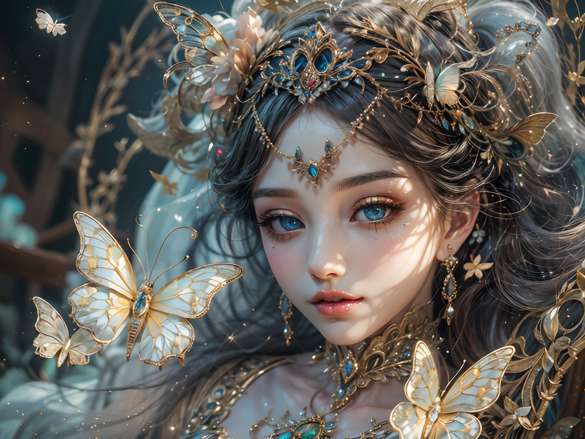 This is、It's a masterpiece of realistic fantasy with lots of sparkles, Glitter, and intricate ornate details. Produces one  woman with a beautiful delicate crown sitting on a garden swing at night. She is a beautiful and seductive butterfly queen with stunning curly black hair, (((Incredibly realistic and detailed dynamic eyes in bright colors with realistic shading))).  Her skin is translucent white, Her eyes are shining, And her dress is elegant. Her dress is spun with delicate and finest gossamer silk, Convoluted, Delicate floral details and gold silk butterfly sleeves. Her face is lovely and . Include flowers that glow in the dark, Lots of particles, Highly realistic fantasy butte fly with translucent gem-colored wings and fine details, And shine. Artwork done in the style of Guviz、Trending fantasy titles from Artstation and Midjourney、Reminds of the masters of this genre. camera: Using dynamic composition techniques、Emphasizes ethereal delicacy and delicate details.