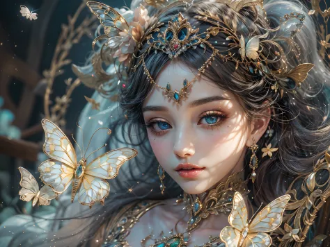 This is、It's a masterpiece of realistic fantasy with lots of sparkles, Glitter, and intricate ornate details. Produces one petite woman with a beautiful delicate crown sitting on a garden swing at night. She is a beautiful and seductive butterfly queen wit...