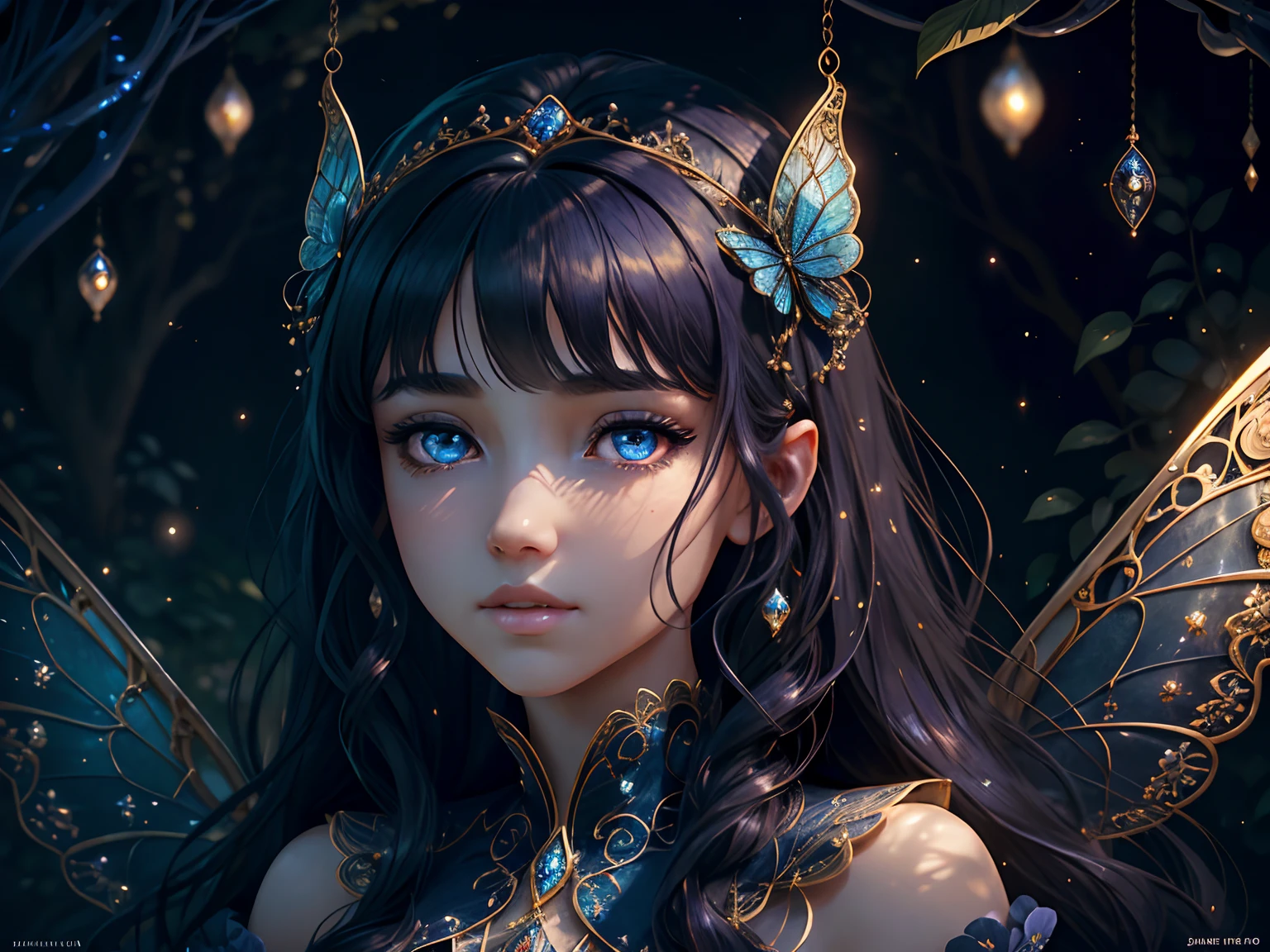 This is、It's a masterpiece of realistic fantasy with lots of sparkles, Glitter, and intricate ornate details. Produces one petite woman with a beautiful delicate crown sitting on a garden swing at night. She is a beautiful and seductive butterfly queen with stunning curly dark blue hair, (((Incredibly realistic and detailed dynamic eyes in dark blue with realistic shading))).  Her skin is translucent white, Her eyes are shining, And her dress is elegant. Her dress is spun with delicate and finest gossamer silk, Convoluted, Delicate floral details and gold silk butterfly sleeves. Her face is lovely and lonely. Include flowers that glow in the dark, Lots of particles, Highly realistic fantasy butte fly with translucent gem-colored wings and fine details, And shine. Artwork done in the style of Guviz、Trending fantasy titles from Artstation and Midjourney、Reminds of the masters of this genre. camera: Using dynamic composition techniques、Emphasizes ethereal delicacy and delicate details, Blunt Bangs, purple eyes