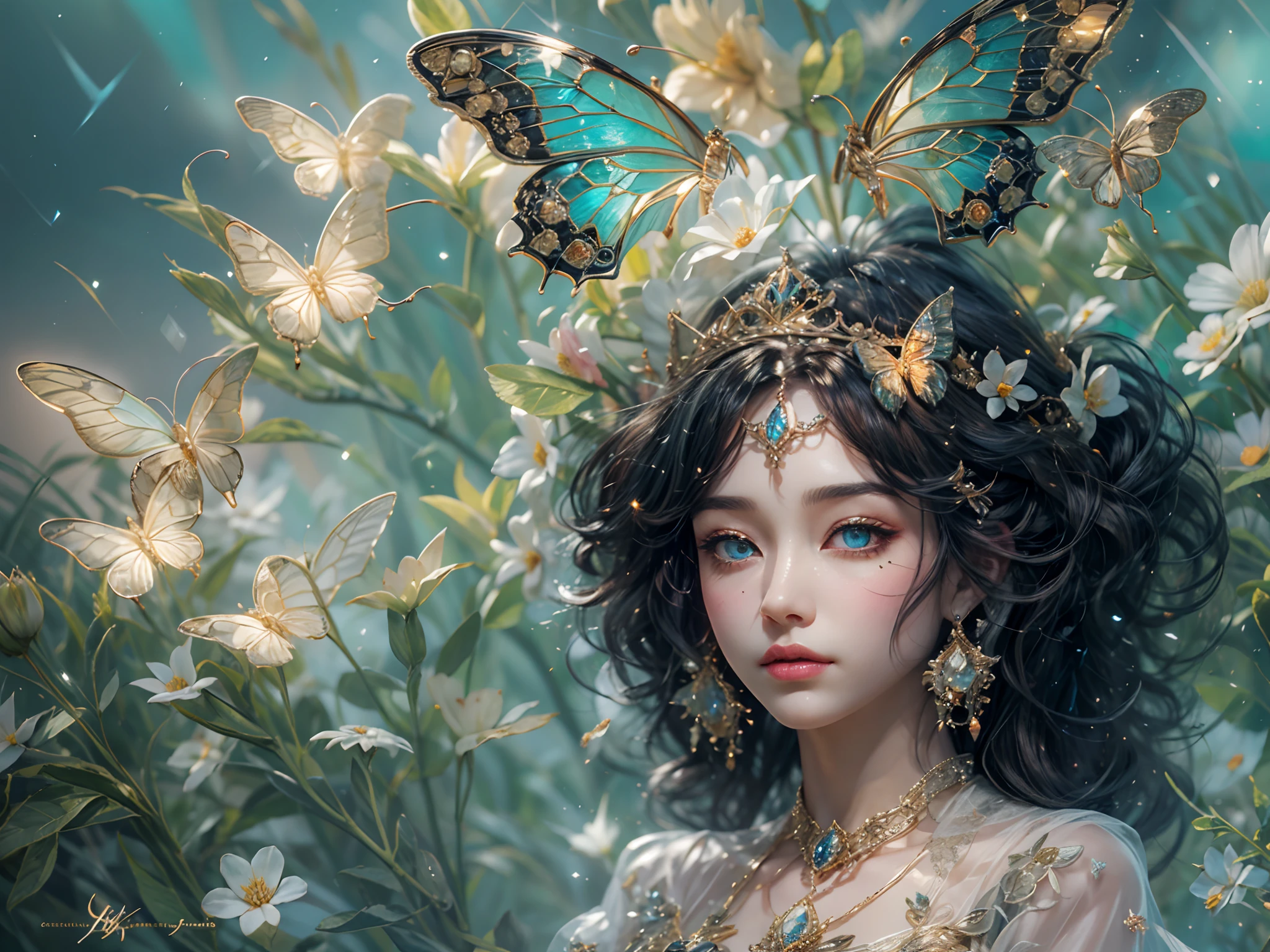 This is、It's a masterpiece of realistic fantasy with lots of sparkles, Glitter, and intricate ornate details. Produces one  woman with a beautiful delicate crown sitting on a garden swing at night. She is a beautiful and seductive butterfly queen with stunning curly black hair, (((Incredibly realistic and detailed dynamic eyes in bright colors with realistic shading))).  Her skin is translucent white, Her eyes are shining, And her dress is elegant. Her dress is spun with delicate and finest gossamer silk, Convoluted, Delicate floral details and gold silk butterfly sleeves. Her face is lovely and lonely. Include flowers that glow in the dark, Lots of particles, Highly realistic fantasy butte fly with translucent gem-colored wings and fine details, And shine. Artwork done in the style of Guviz、Trending fantasy titles from Artstation and Midjourney、Reminds of the masters of this genre. camera: Using dynamic composition techniques、Emphasizes ethereal delicacy and delicate details.