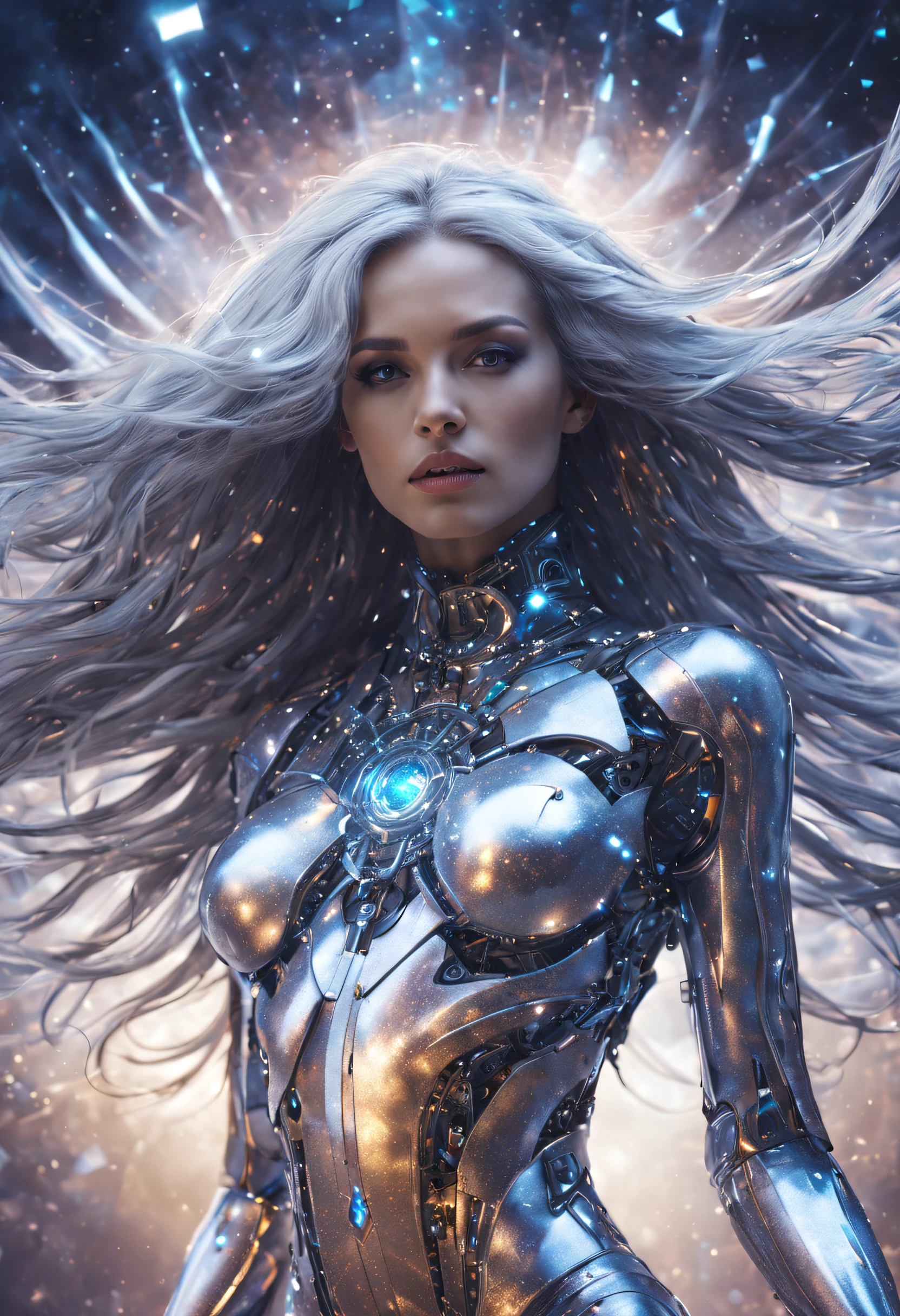 studio photo, beautiful woman perfect body half robotic half metal with iridescent hair, standing alone, particles in the air, god rays, stars in the background, intricate fractals, detailed, (illustration) fragreality tech, universe, scifi, shattered warped reality , refractions, space time , clock, giga woman, silver glowing hair , strange fantasy image, odd glowing rocks, beautiful, detailed, long flowing hair, medium breasts, great skin texture
