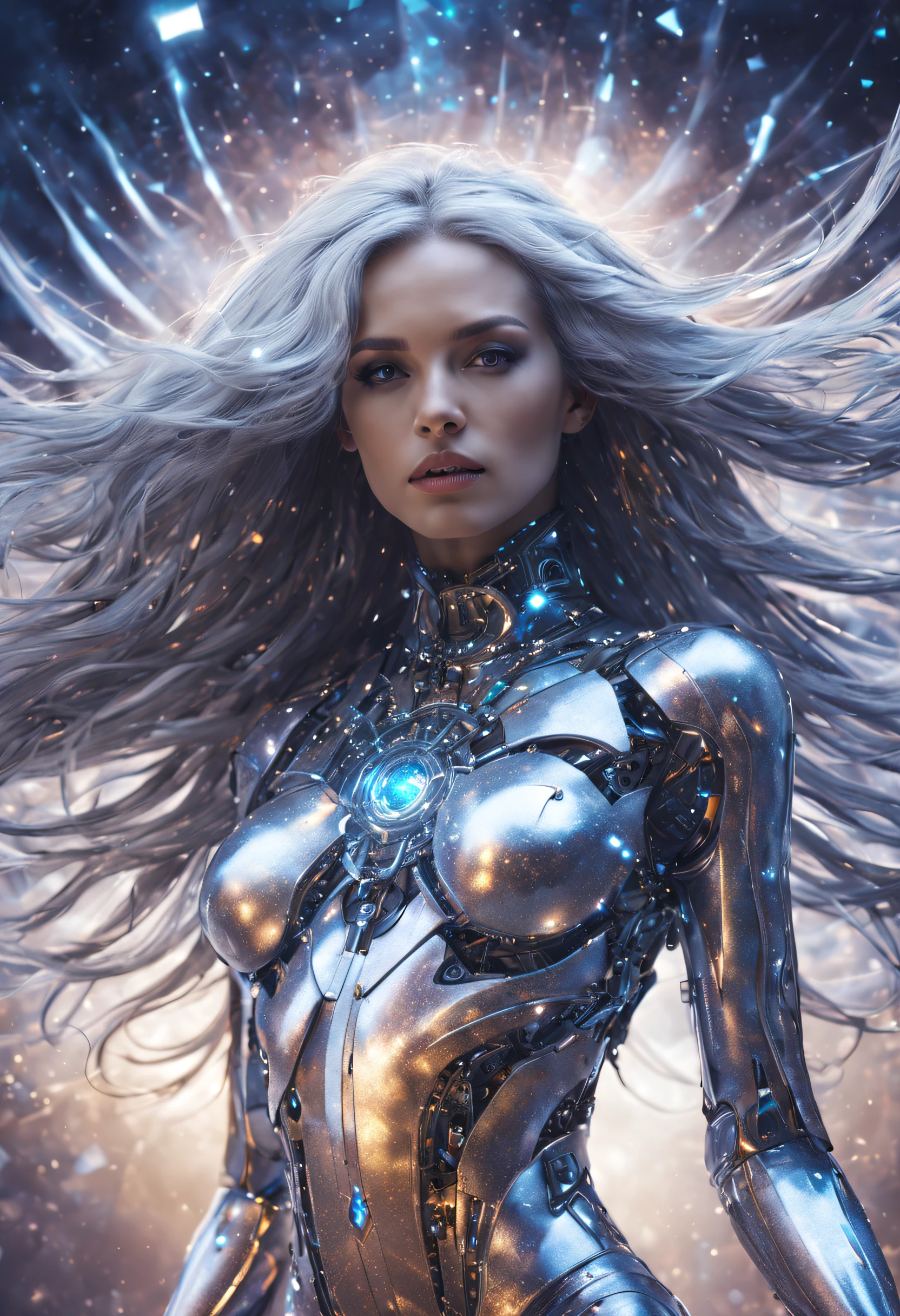 photographie en studio, Beau woman perfect body half robotic half metal with iridescent hair, debout seul, particules dans l&#39;air, Dieu rayons, étoiles en arrière-plan, fractales complexes, détaillé, (illustration) technologie de fragilité, univers, science-fiction, réalité déformée brisée , réfractions, espace-temps , horloge, giga femme, cheveux argentés et brillants , étrange image fantastique, étranges rochers brillants, Beau, détaillé, cheveux longs et flottants, seins moyens, superbe texture de peau