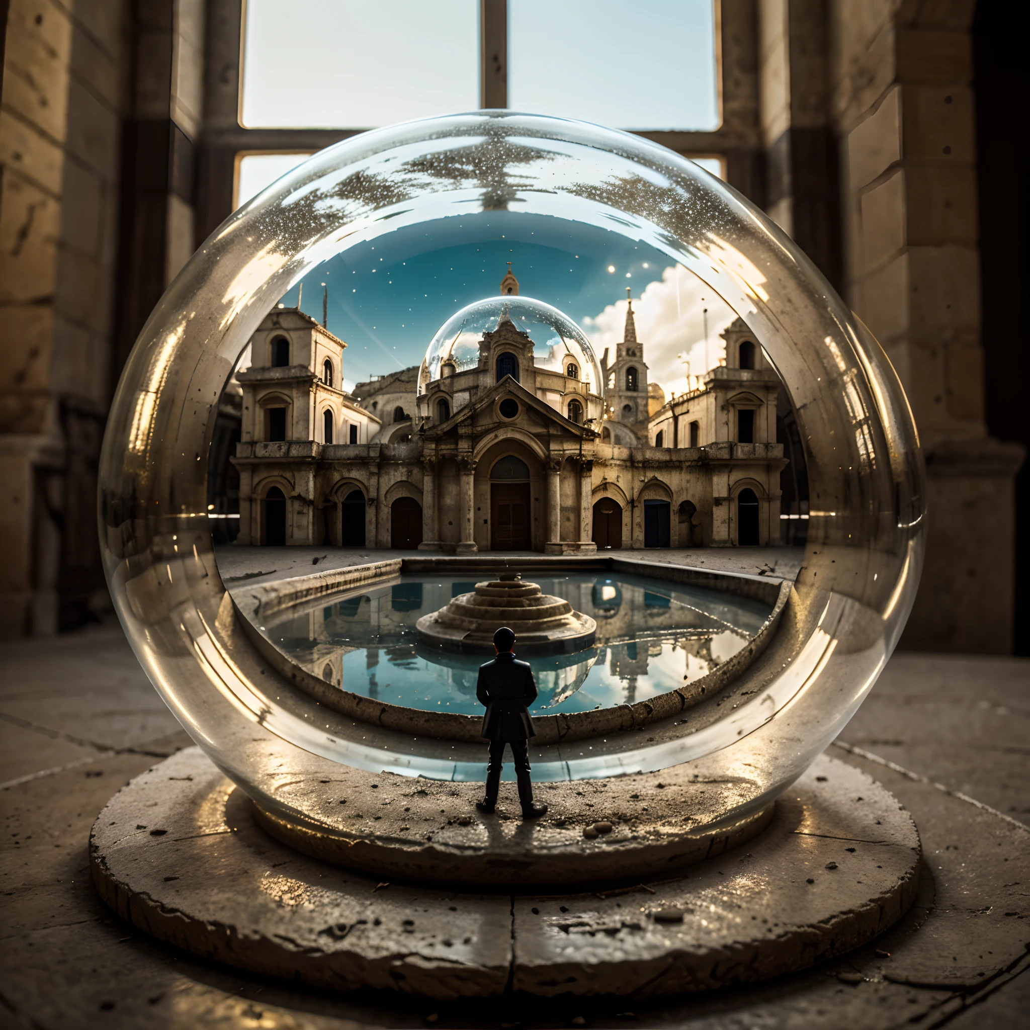 Cathédrale de Matera à l’intérieur d’une bulle de verre. La bulle est placée sur le rebord de la fenêtre. extrêmement détaillé, 8k, style punk apocalyptique, miniatures, macrophotographie en gros plan.
