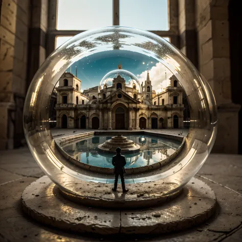 Cathedral of Matera inside a glass bubble. Bubble is placed on the windowsill. Extremely detailed, 8K, apocalyptic punk style, m...