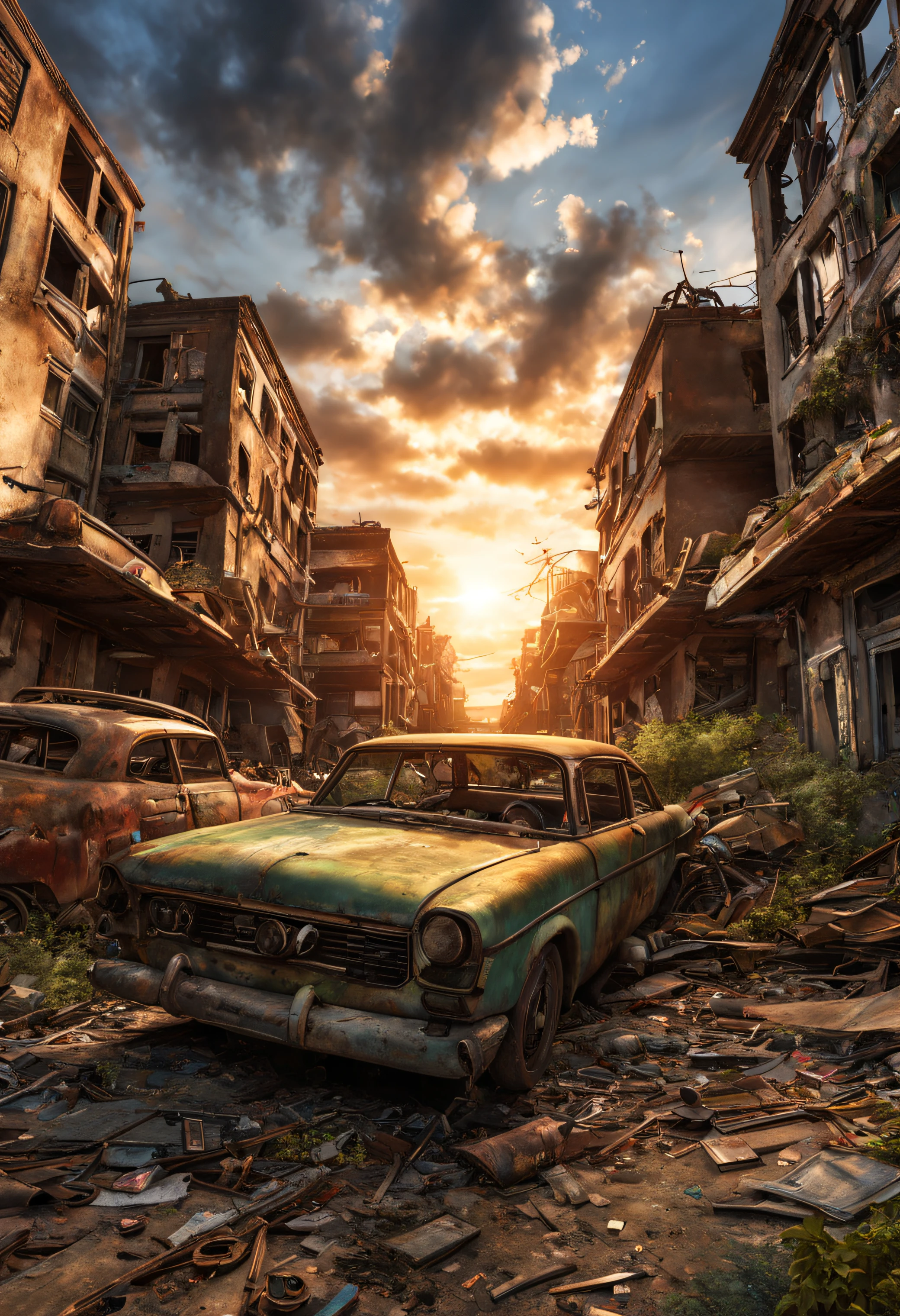 (best quality, HDR, ultra-detailed, realistic:1.37), the little boy in shabby clothes looked up at the sky, post-apocalyptic, 3D abandoned city, destroyed buildings, car graveyard, abandoned cars, vegetation next to buildings, abandoned vehicles strewn and stacked, dramatic sunset.