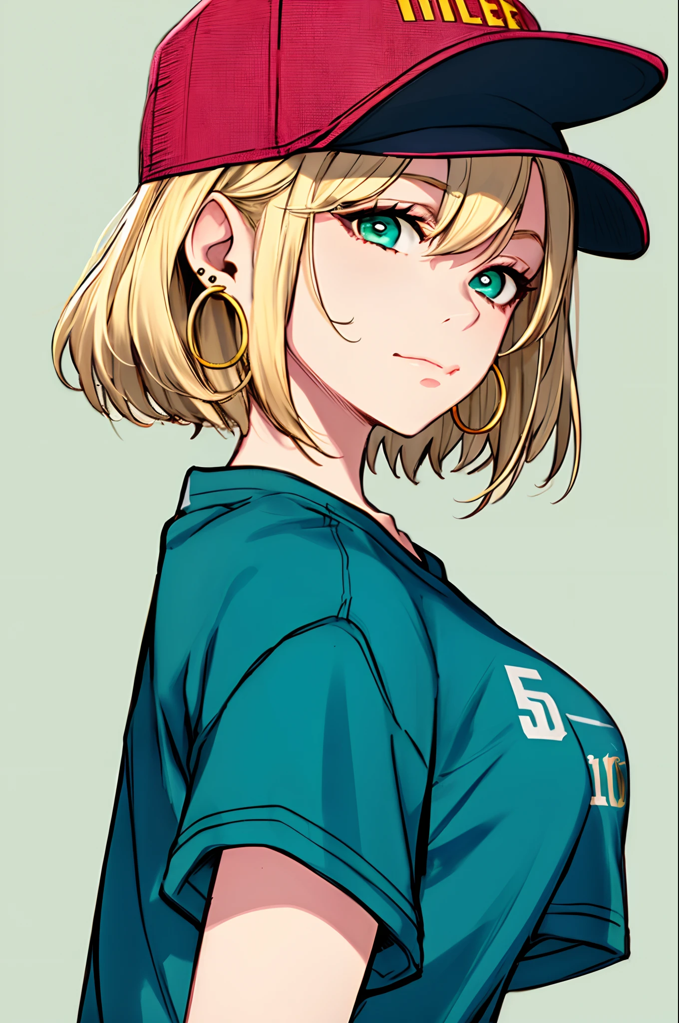 neoartcore, 1girl, masterpiece, best quality, 1girl, aqua eyes, baseball cap, blonde hair, closed mouth, earrings, green background, hat, hoop earrings, jewelry, looking at viewer, shirt, short hair, simple background, solo, upper body, yellow shirt