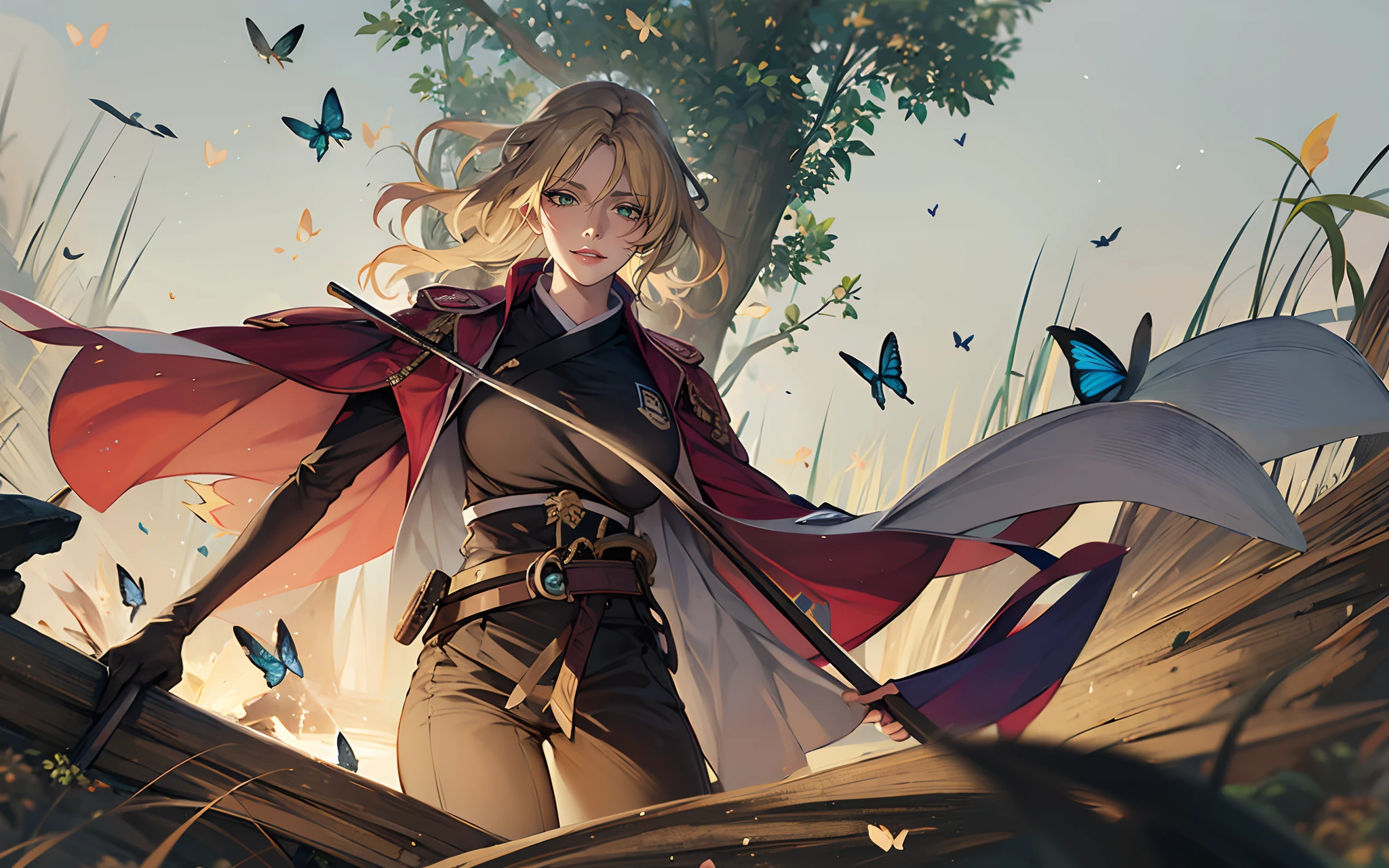 (blonde hair:1.4), detailed background, butterfly, insect, bug, blue_butterfly, butterfly_hair_ornament,1girl, belt, animal_print, torn_clothes, haori, butterfly_print, katana, solo, breasts, japanese_clothes, wide_sleeves, long_sleeves, pants, black_pants, looking_at_viewer, flower, lips, coat, jacket, sheath, uniform, black_legwear, large_breasts, water