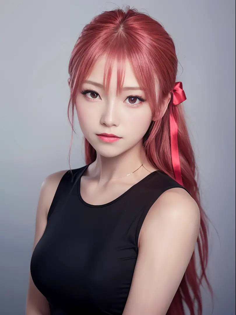 best quality, realistic, ultra high res, (photorealistic1.4), 1girl, solo, bareface, glowing eyes, red eyes, red hair, hair ribbon, smile, sleeveless red button shirt, dark background, ((upper body)), ((puffy eyes)), (((looking at viewer))), ((closeup)),