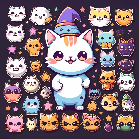 10 sticker, sticker, (cute, cat wearing a witch hat, cat face with different expression (emoji style)), stars, white background, no background, simple background, minimal, cute, tiny, pastel color, vector style, no gradient, Halloween style