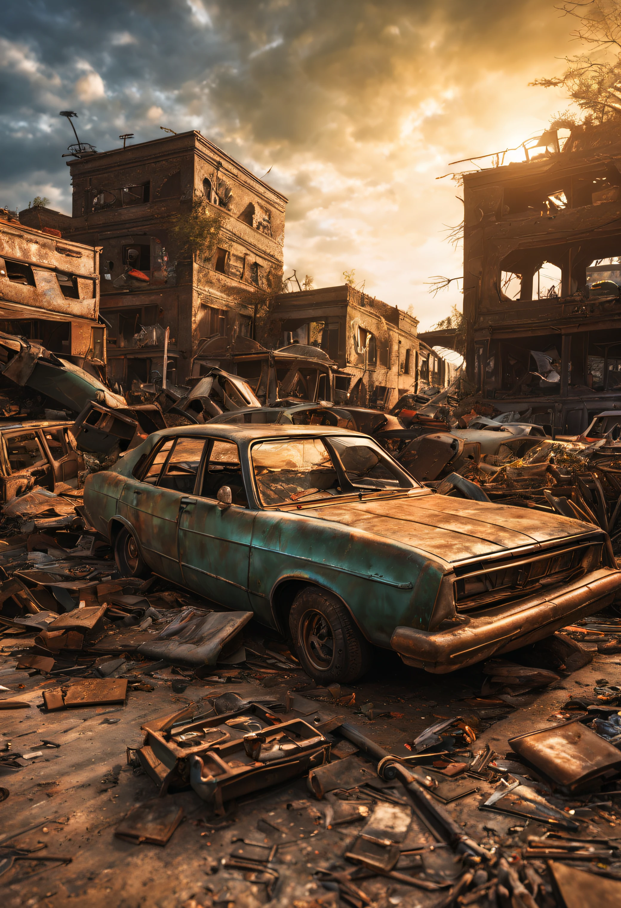 (best quality, HDR, ultra-detailed, realistic:1.37),  a boy is sitting on the abandoned car, post-apocalyptic, 3D abandoned city, destroyed buildings, car graveyard, abandoned cars, vegetation next to buildings, abandoned vehicles strewn and stacked, dramatic sunset.