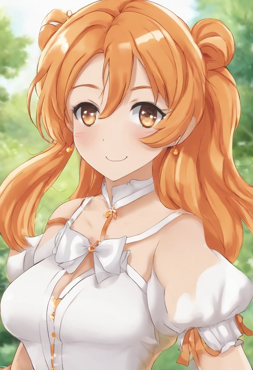 Orange “pretty cure “charecter, pretty, in a “pretty cure” anime style wearing an outfit like the orange pretty cure anime protagonists wearing two long orange flowy ponytails, hair color orange. Very pretty face, excited and eager looking. Wearing not a lot of makeup. Orange poofy upper sleeve that goes into a long white one, wearing white gloves with a feather like pattern on the edge. A gold bracket around the glove. Wearing a flowy bottom that’s flowy on the sides but not on the front, with a white shirt skirt wearing long white thigh high socks, with an orange bow on the chest of the orange dress. She looks very happy and excited