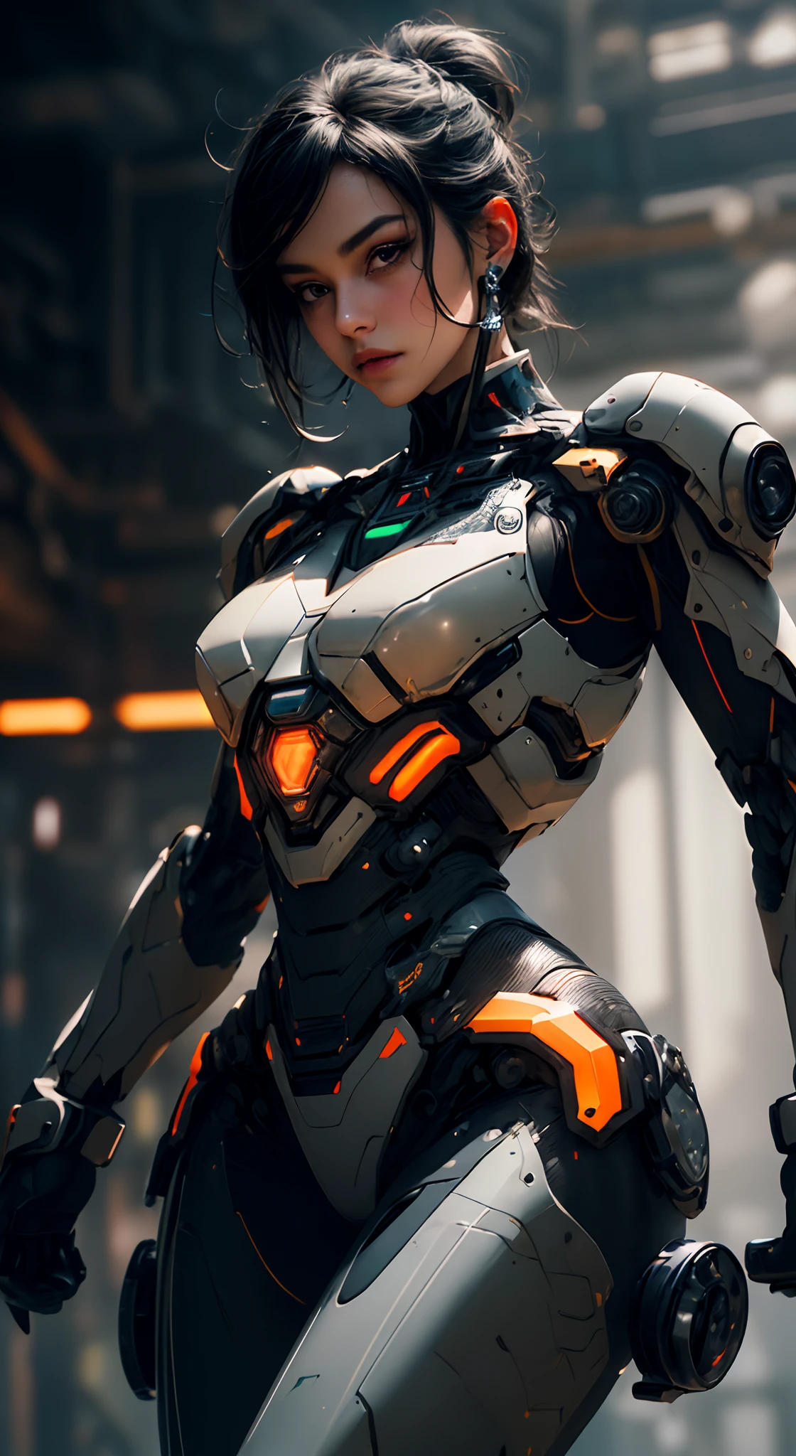 cgmech, beautiful eyes, upper body, underboob, portrait, robot,white orange armor, shimmering black hair, neon light, 8K, RAW, best quality, masterpiece, ultra high res, colorful, (medium wide shot), (dynamic perspective), sharp focus , (depth of field, bokeh:1.3), extremely detailed eyes and face, beautiful detailed eyes,large breasts,(black gold, trimmed gear:1.2),(In a futuristic weapons factory:1.2), ((masterpiece, best quality)), Detailed background, spaceship interior