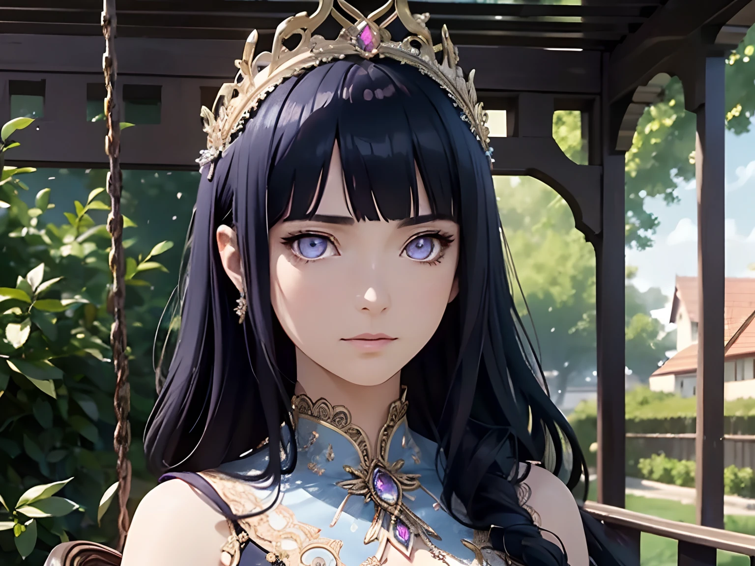 This is、It's a masterpiece of realistic fantasy with lots of sparkles, Glitter, and intricate ornate details. Produces one petite woman with a beautiful delicate crown sitting on a garden swing at night. She is a beautiful and seductive butterfly queen with stunning curly dark blue hair, (((Incredibly realistic and detailed dynamic eyes in dark blue with realistic shading))).  Her skin is translucent white, Her eyes are shining, And her dress is elegant. Her dress is spun with delicate and finest gossamer silk, Convoluted, Delicate floral details and gold silk butterfly sleeves. Her face is lovely and . Include flowers that glow in the dark, Lots of particles, Highly realistic fantasy butte fly with translucent gem-colored wings and fine details, And shine. Artwork done in the style of Guviz、Trending fantasy titles from Artstation and Midjourney、Reminds of the masters of this genre. camera: Using dynamic composition techniques、Emphasizes ethereal delicacy and delicate details, Blunt Bangs, purple eyes