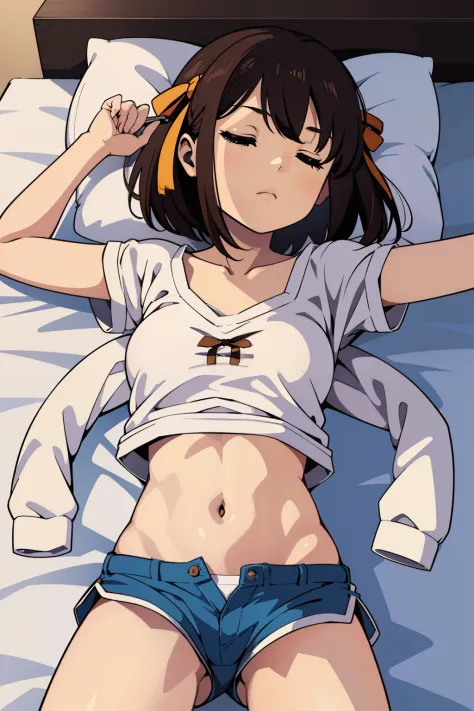hight resolution、​masterpiece、1girl in、Suzumiya Haruhi、Brown hair、Sleeping on your back in bed、s asleep、Eyes closed、a navel、s Pajamas、Loose shorts、white  panties、A slender、skinny thigh、Short hair、Hair Ribbon、barechested