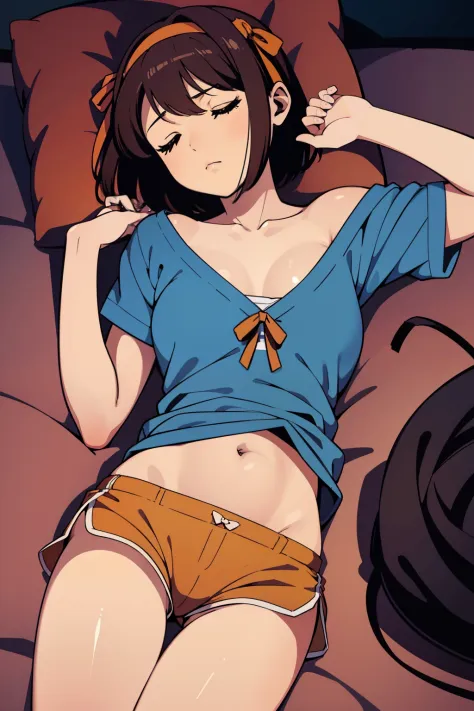 hight resolution、​masterpiece、1girl in、Suzumiya Haruhi、Brown hair、Sleeping on your back in bed、s asleep、Eyes closed、a navel、s Pajamas、Loose shorts、A slender、skinny thigh、Short hair、Hair Ribbon、barechested