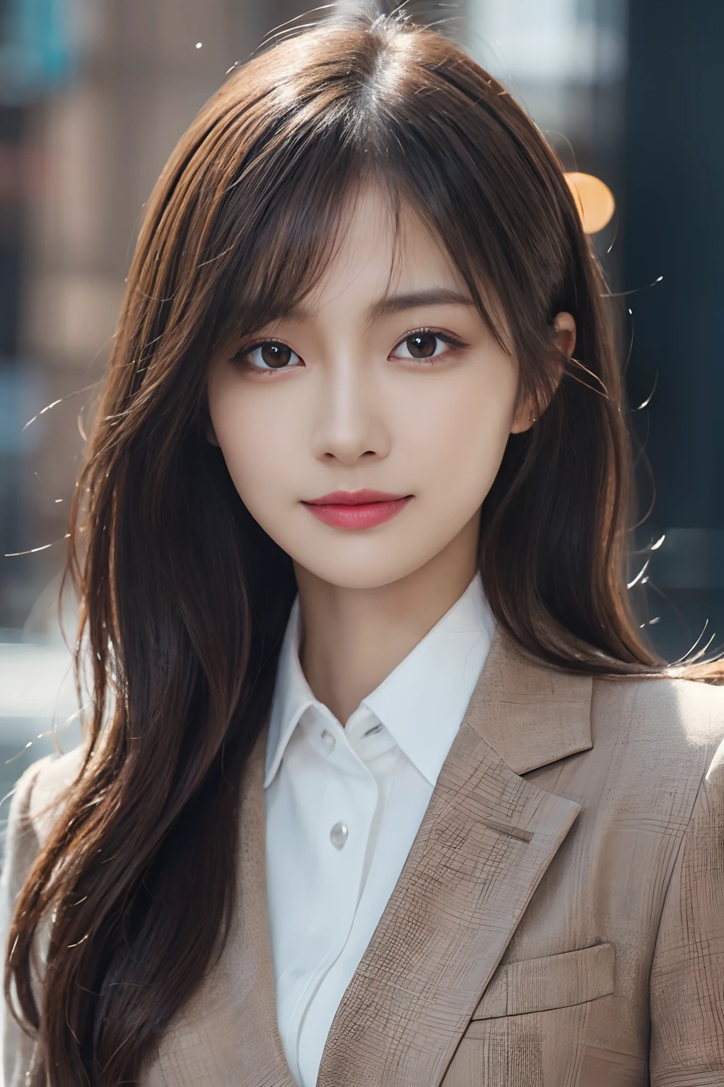 masutepiece, Best Quality, Photorealistic, Ultra-detailed, finely detail, High resolution, 8K Wallpaper, 1 beautiful woman,, light brown messy hair, in a business suit, foco nítido, Perfect dynamic composition, Beautiful detailed eyes, detailed hairs, Detailed realistic skin texture, Smiling, Close-up portrait, Model body type