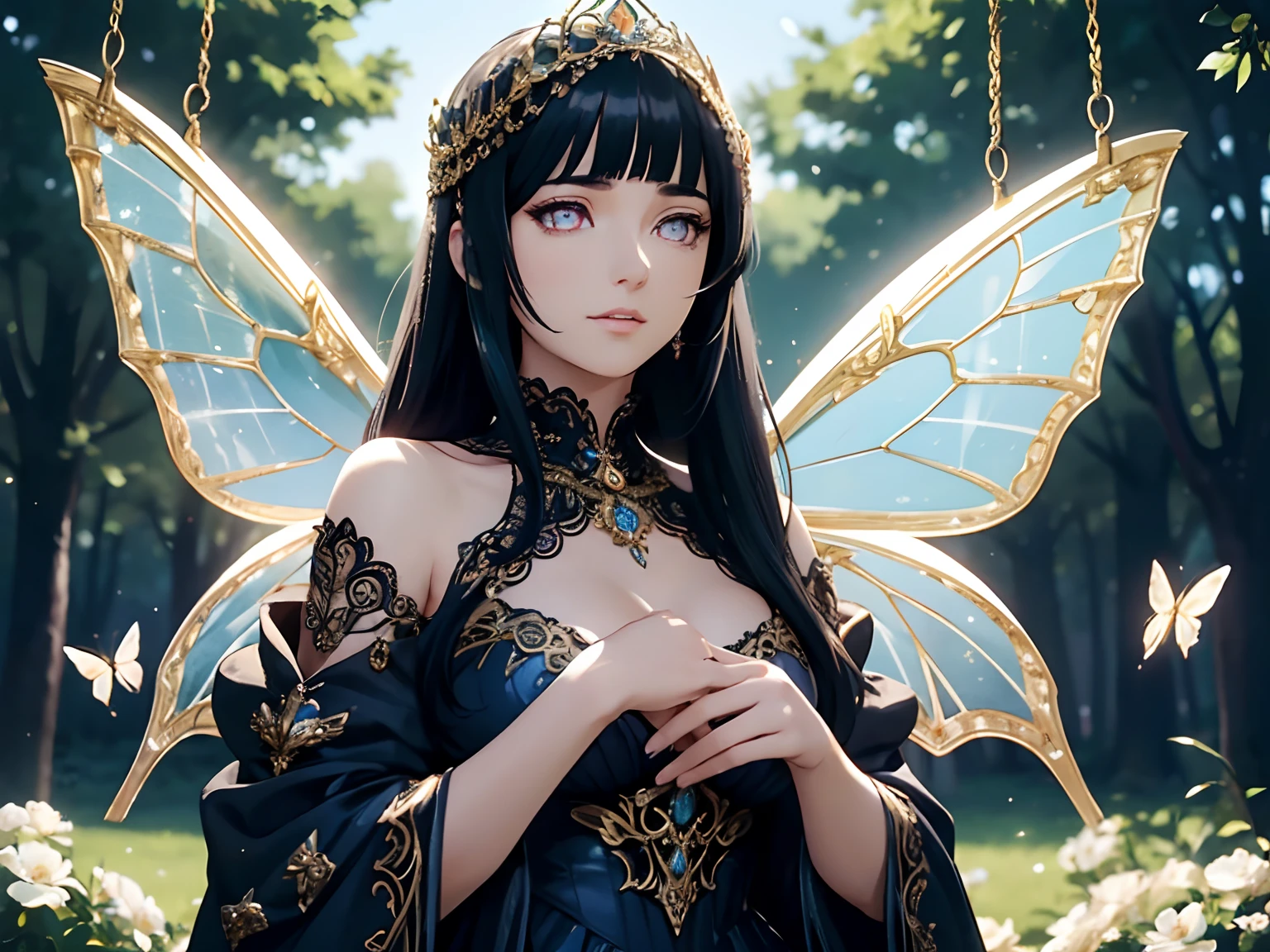 This is、It's a masterpiece of realistic fantasy with lots of sparkles, Glitter, and intricate ornate details. Produces one petite woman with a beautiful delicate crown sitting on a garden swing at night. She is a beautiful and seductive butterfly queen with stunning curly dark blue hair, (((Incredibly realistic and detailed dynamic eyes in dark blue with realistic shading))).  Her skin is translucent white, Her eyes are shining, And her dress is elegant. Her dress is spun with delicate and finest gossamer silk, Convoluted, Delicate floral details and gold silk butterfly sleeves. Her face is lovely and lonely. Include flowers that glow in the dark, Lots of particles, Highly realistic fantasy butte fly with translucent gem-colored wings and fine details, And shine. Artwork done in the style of Guviz、Trending fantasy titles from Artstation and Midjourney、Reminds of the masters of this genre. camera: Using dynamic composition techniques、Emphasizes ethereal delicacy and delicate details, Blunt Bangs, purple eyes