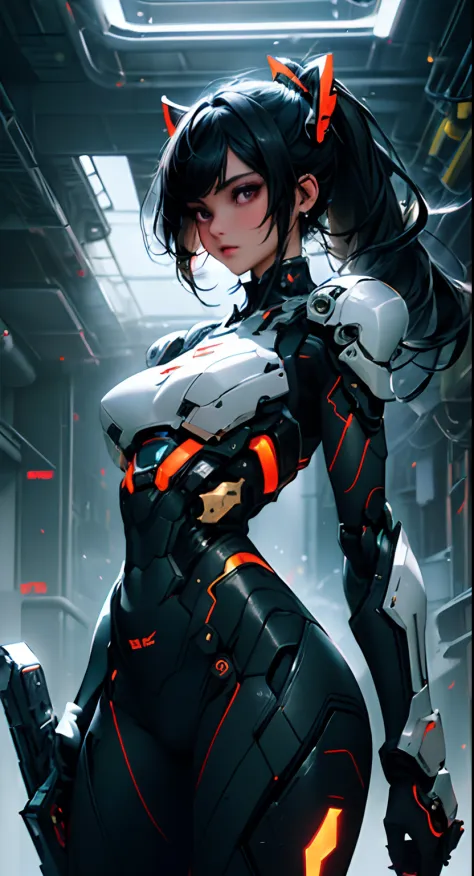 cgmech, beautiful eyes, upper body, underboob, portrait, robot,white orange armor, shimmering black hair, neon light, 8K, RAW, b...