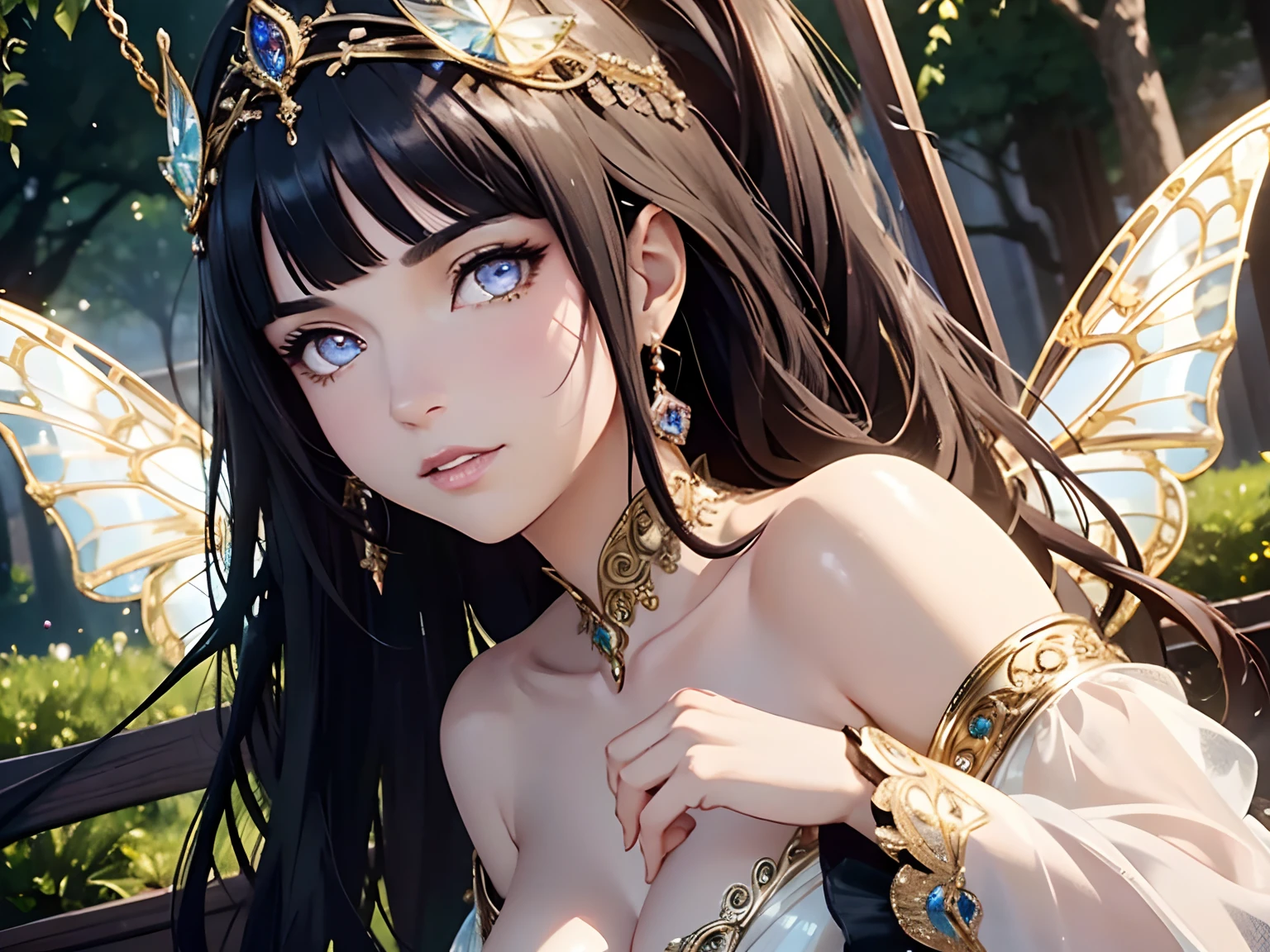 This is a realistic fantasy masterpiece with lots of shimmer, glitter, and intricate ornate detail. Generate one petite woman with a beautiful and delicate crown sitting on a garden swing at night. She is a beautiful and seductive butterfly queen with stunning curly dark blue hair, (((incredibly realistic and detailed dynamic eyes in bright colors with realistic shading))).  Her skin is translucent white, her eyes sparkle, and her dress is elegant. Her dress is spun of the finest gossamer silk with delicate, intricate, and subtle floral detailing and gold silk butterfly sleeves. Her face is lovely and lonely. Include glow-in-the-dark flowers, lots of particles, highly realistic fantasy butteflies with translucent jewel-toned wings and fine detailing, and glow. The artwork is done in the style of Guviz and brings to mind masters in the genre such as trending fantasy works on Artstation and Midjourney. Camera: Utilize dynamic composition techniques to emphasize etherealness and delicate detail,Blunt Bangs, purple eyes