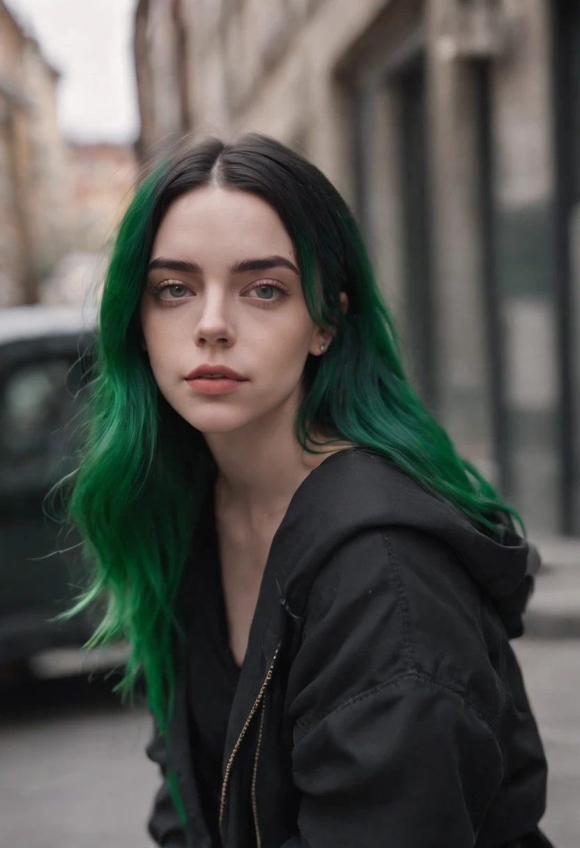 A woman with green hair and black jacket sitting on a street - SeaArt AI