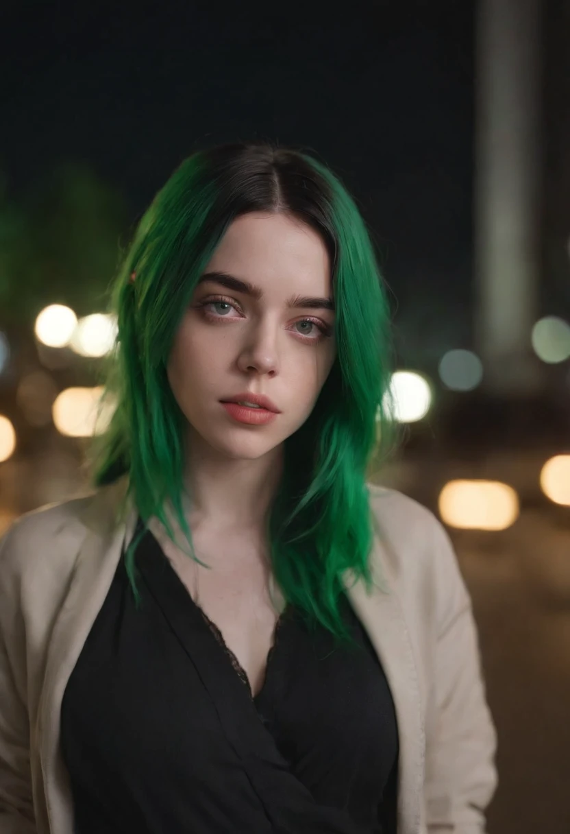 A close up of a woman with green hair standing in a street - SeaArt AI