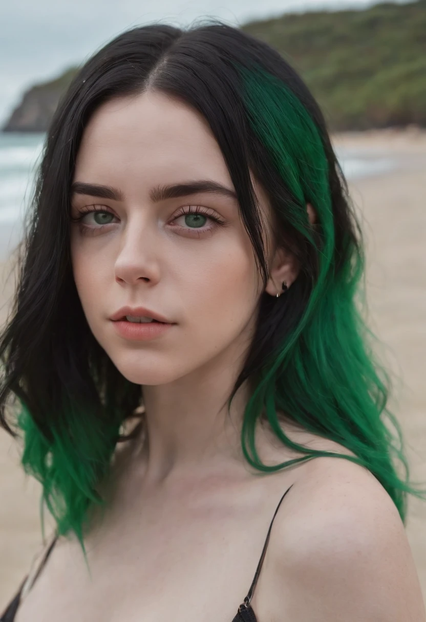 A close up of a woman with green hair on a beach - SeaArt AI