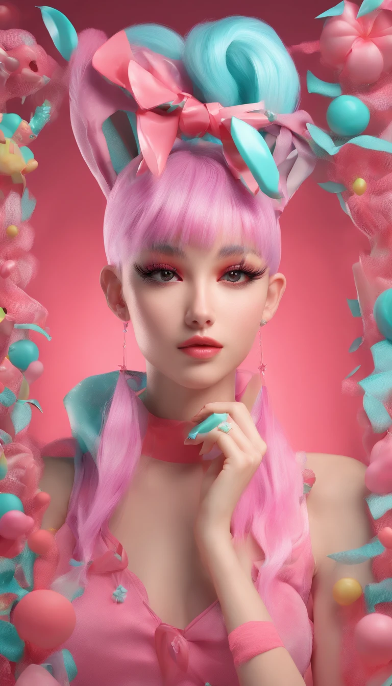 A girl, Tiffany blue hair, Tiffany blue hair, Short hair, (With metal rabbit ear headband: 1.2), full bodyesbian, (Exquisite features: 1.5), Put on fantastic clothes, Surrealist frilled skirt, The color of the dress is Tiffany blue and pink gradient, There are pink marshmallows around，Like coral, Dance on pink dotted with black butterflies, The overall ambient color is Tiffany, style of surrealism, artistic photograph, in wonderland, Tiffany's dream, Soft dreams, Transparent light, high-definition photography,