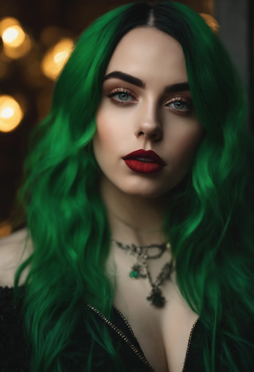 A woman with green hair and a black top posing for a picture - SeaArt AI