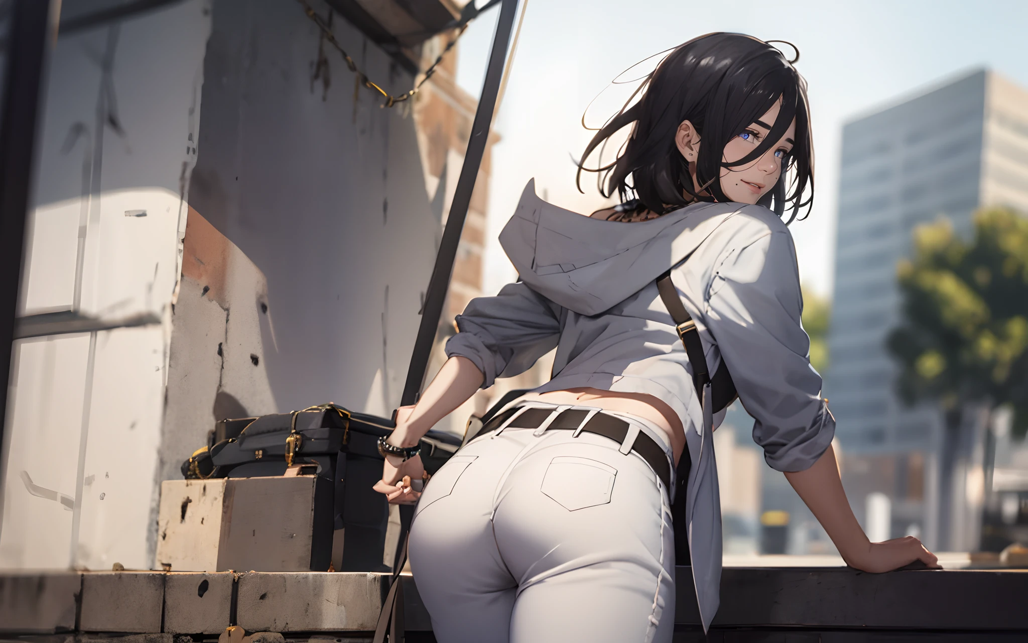 izumi_nase, short hair, black hair, purple eyes, jewelry, neckalce, blurry, ass, 1girl, depth_of_field, solo, blurry_background, looking_at_viewer, looking_back, blurry_foreground, pants, breasts, earrings, jacket, shirt, belt, from_behind, white_shirt, holding, blush, building, outdoors, bangs, thighs, motion_blur, sweat, parted_lips