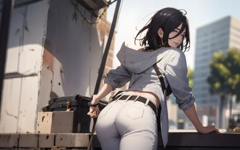 izumi_nase, short hair, black hair, purple eyes, jewelry, neckalce, blurry, ass, 1girl, depth_of_field, solo, blurry_background,...