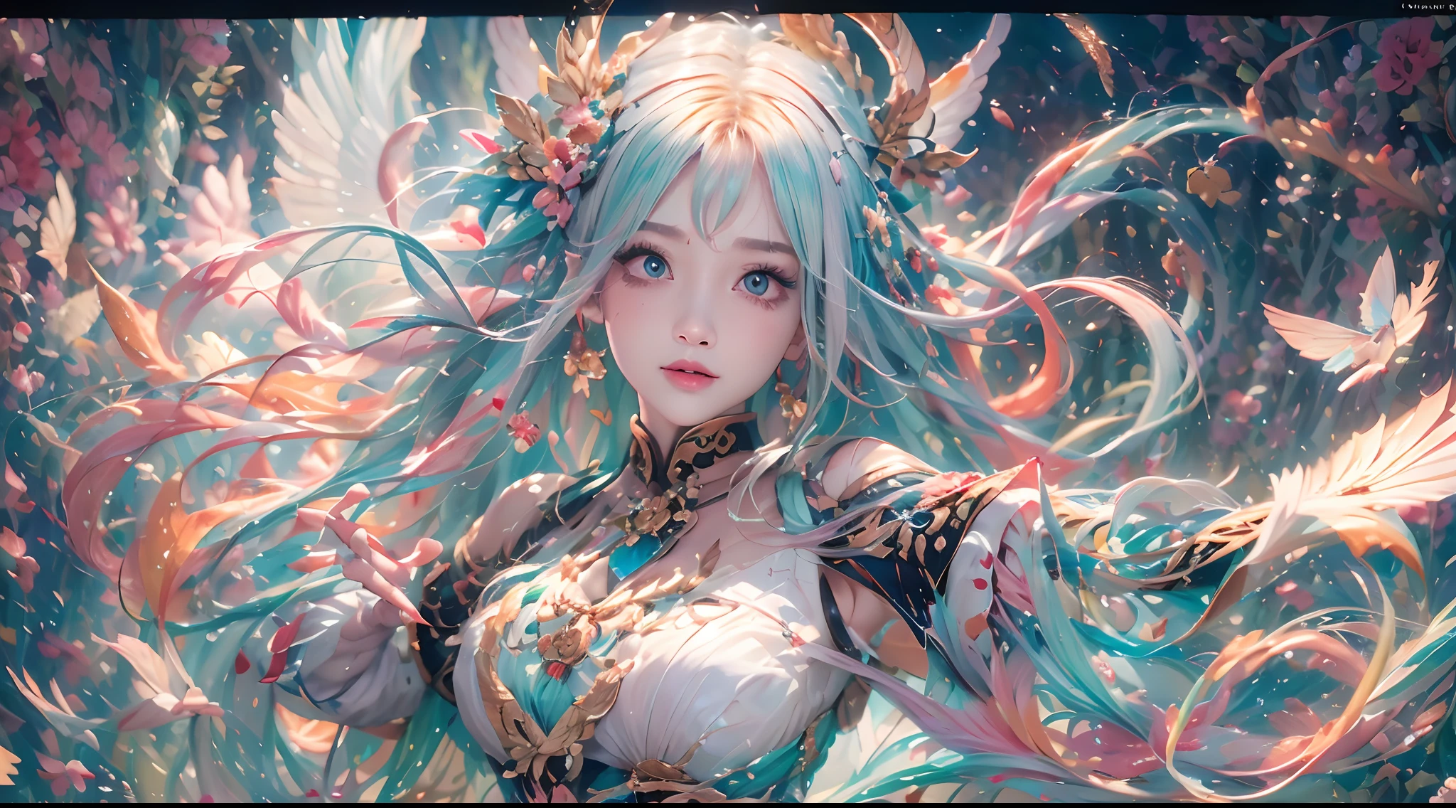 ( Absurd, High quality, Ultra-detailed, Masterpiece, concept-art, smooth, high detail artwork, Hyper-realistic painting , high resolution, paint splatter, colored splashing, Splash of Ink, colored splashing), ((Sweet Chinese girl, Rainbow hair)),elf, Plum elf, plum , Transparent fairy wings, huge tit，low chest，fairytale-like, Romantic, Vivid, Whole body,hand behind back，Malu，largeeyes，（Eye focus），Cosmic eyes，Space eyes，In nature with waterfalls，PureErosFace_V1，Urzang-6500-V1 version.1，