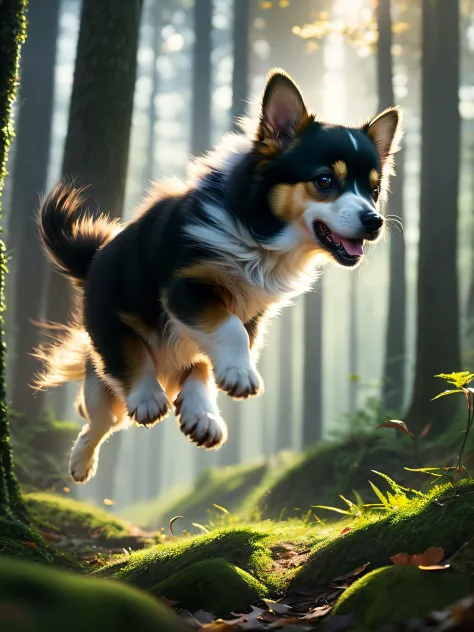 Close-up of a very cute jumping puppy in the forest, soft volumetric light, (backlight: 1.3), (movie: 1.2), intricate details, (...
