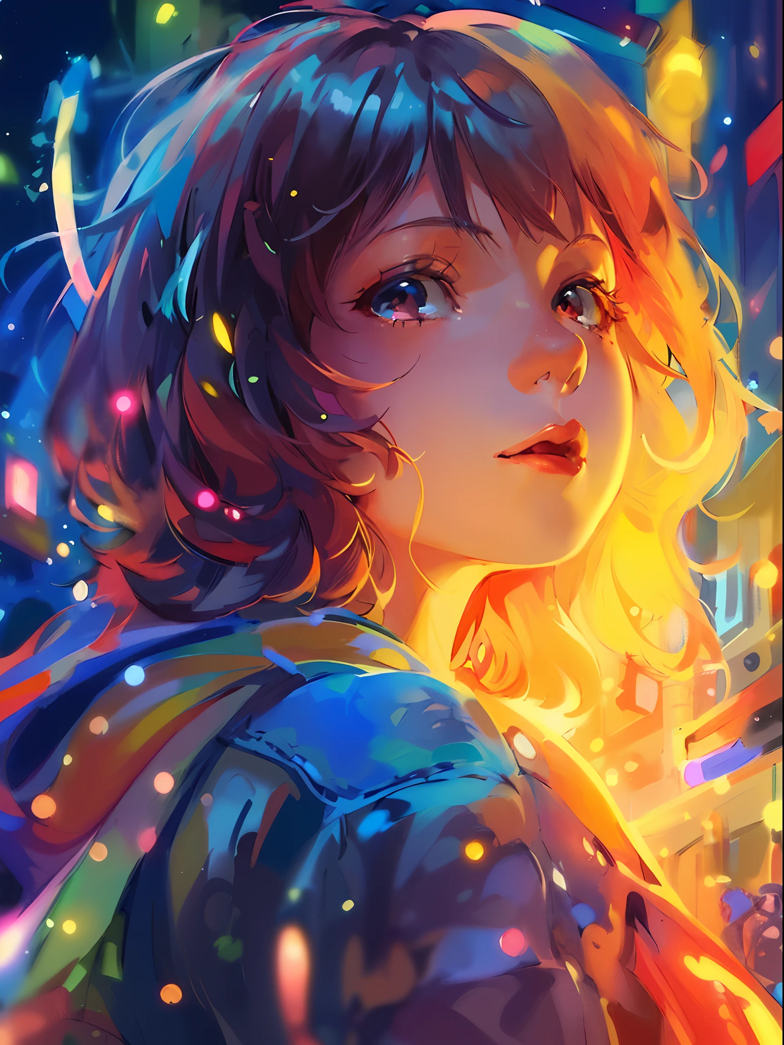 uma garota com cabelo brilhante e jaqueta azul olha para a câmera, inspired por Yuumei, digital anime art, pintura digital colorida, desenho animado rossdraws vibrante, estilo anime 4k, alice x. zhang, por Yuumei, Ilustração digital de anime, lindo retrato de anime, pintura digital vibrante, arte digital detalhada de anime, anime digital art