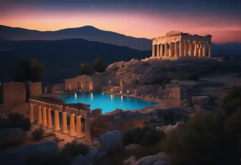 scenery, ruins of ancient Greece, destruction, starry sky, 8k, cinematographic
