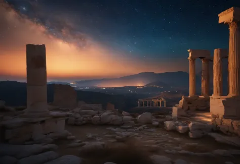 scenery, ruins of ancient Greece, destruction, starry sky, 8k, cinematographic