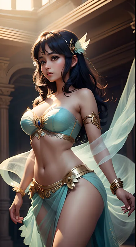 Fantasy image of Rimi Sen as a beautiful fairy, with translucent feathers, large breasts, wearing a strapless bra and a transparent sarong, in a palace, upper body, front view