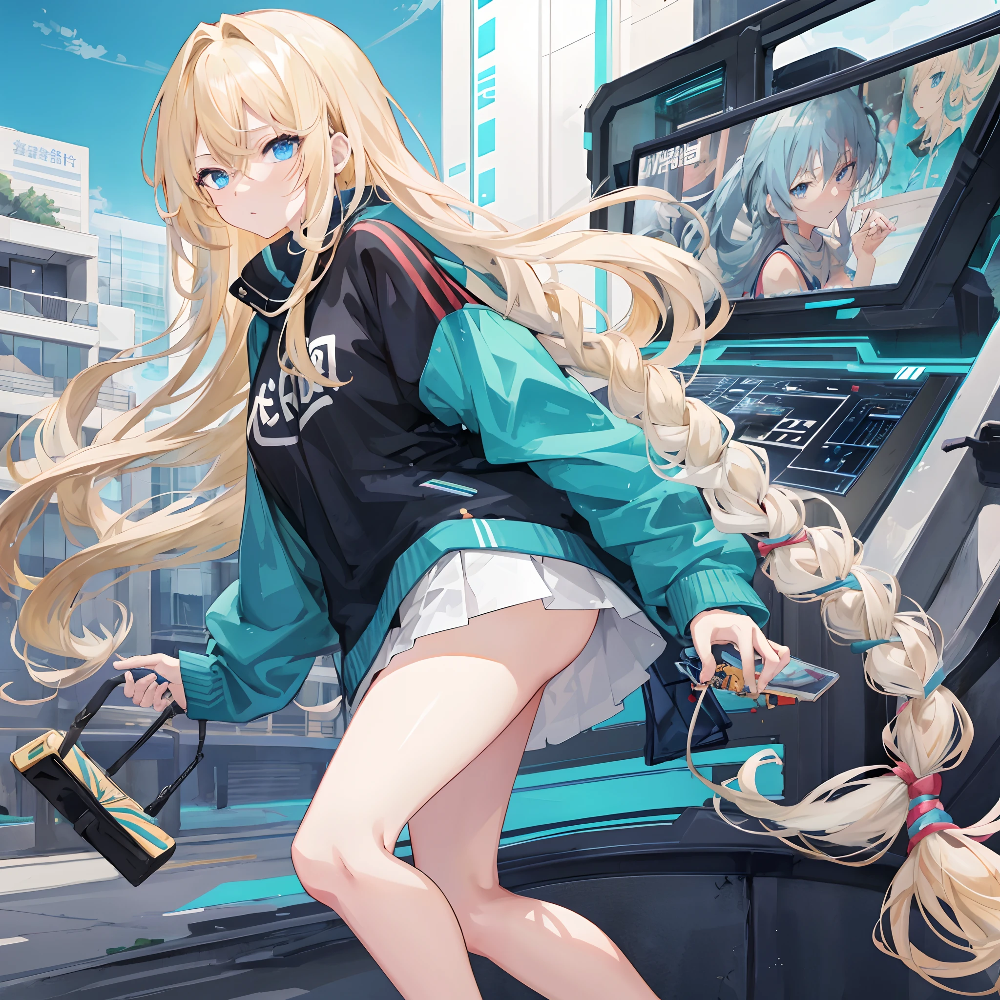 Anime girl with long blonde hair and blue eyes leaning on the bus, Anime Style 4 k, Blonde anime girl with long hair, Digital Anime Art, Digital cyberpunk anime art, Trends on Artstation Pixiv, digital anime illustration, High-quality anime art style, Anime girls with long hair, Anime-style digital art, Anime Badass 8 K