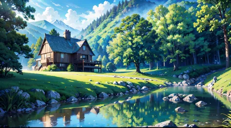(a house by the river), oil painting, peaceful atmosphere, warm sunlight, lush green trees, shimmering water, reflection of the ...